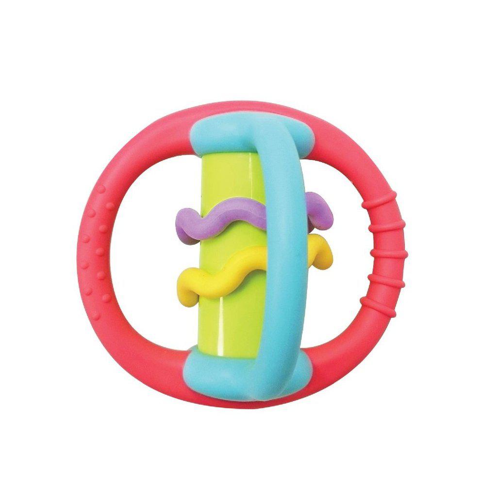 Image of the Little Orbit Teether. It is a ball shaped toy with two cross sections making a plus on two sides with a column in the center holding wiggly rubber rings. The colors on the toy are pink, blue, green, purple, and yellow.