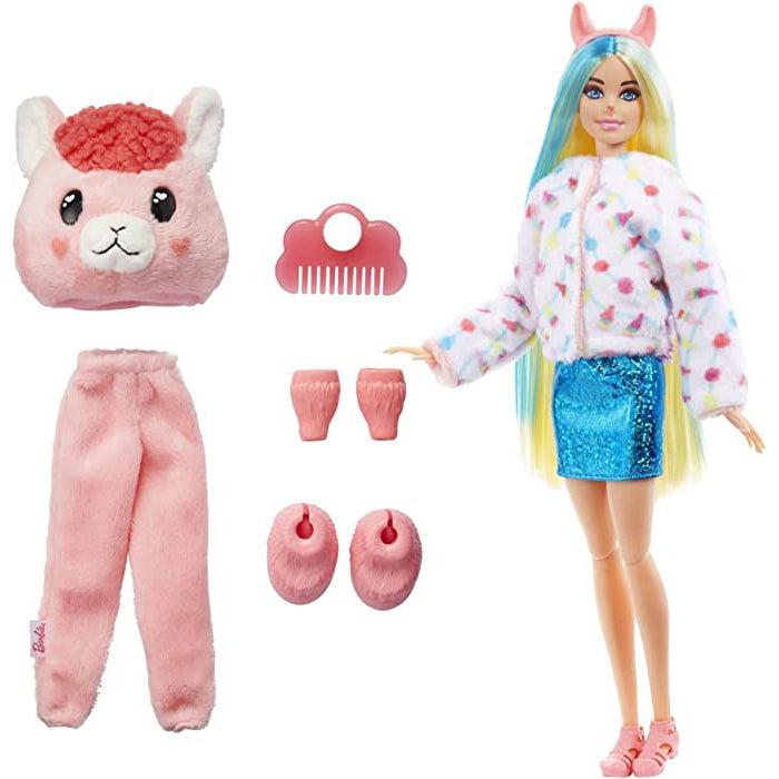 Image shows Barbie llama suit head, pants, and hooves off of doll. Comb is pictured. Barbie is pictured in reversible llama suit jacket, llama ear headband, blue mini skirt, and pink jelly shoes.