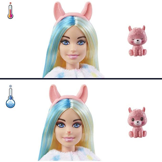 Water temperature effects on Barbie and Llama | Cold Water: Barbie has no obvious makeup, Llama has closed eyes. | Warm water: Barbie has has llama facepaint, Llama has open eyes.