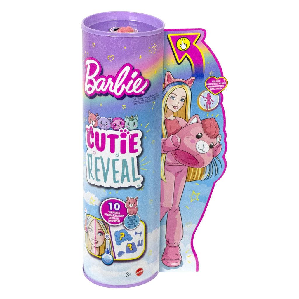 Packaging for llama cutie reveal Barbie | Doll comes in a purple and blue tube. Tube has a protruding portion with cartoon Barbie in her llama outfit.