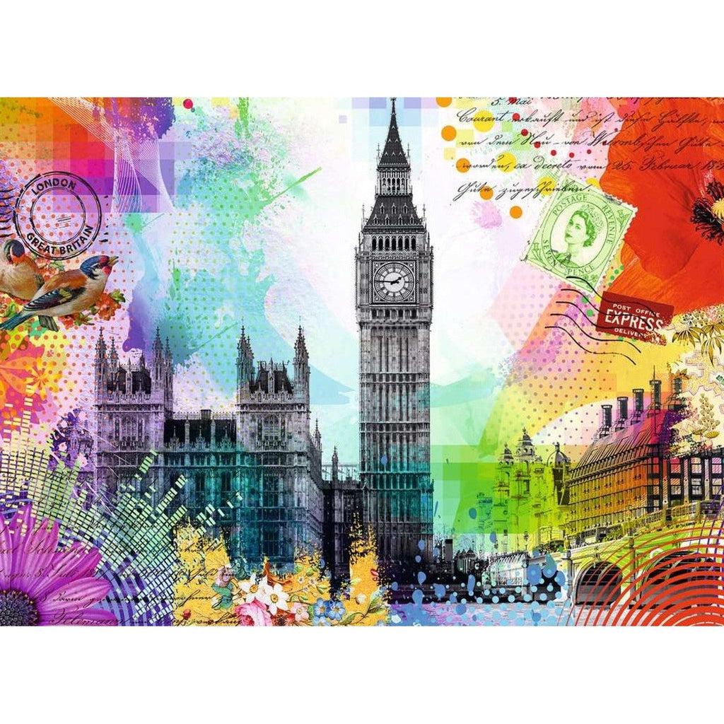 Image on puzzle | Famous landmarks such as Houses of Parliament, Elizabeth Tower and Westminster Bridge are surrounded by bright colors and flora & fauna associated with Britain
