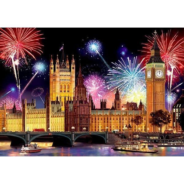 Image on puzzle | View of the British Houses of Parliament and Big Ben surrounded by a night sky full of colorful fireworks. Small boats, a bridge, and water run along the bottom of the image.