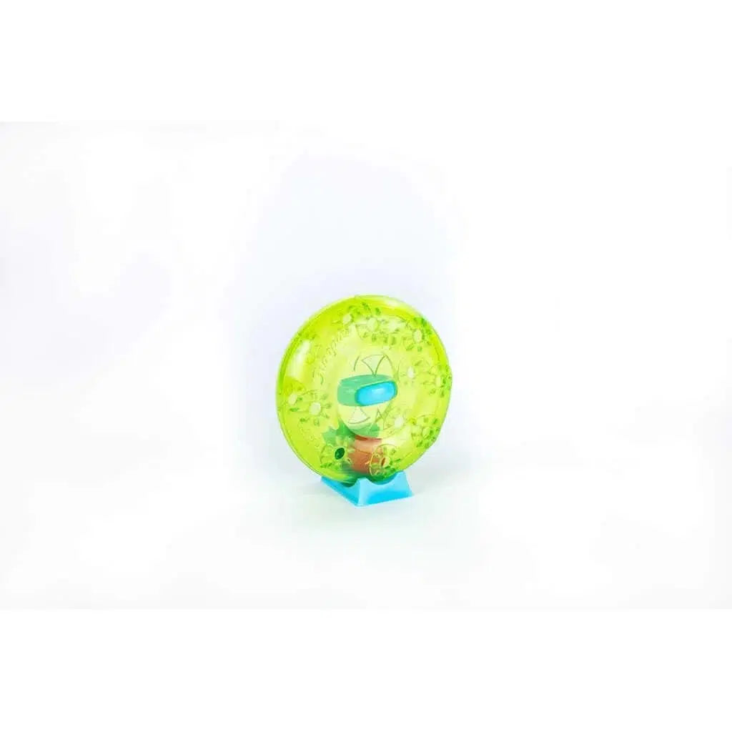 The loopy hoopie is a round donut of green plastic with light blue base at the bottom and a light blue hoop on the inside. There is also an orange ball inside the donut that can be spun around as you try to get it in the hoop.
