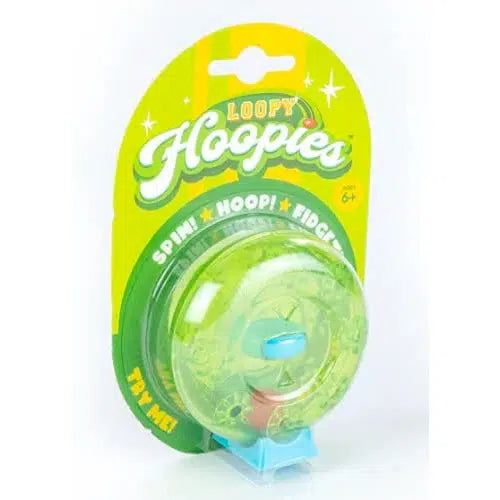 a loopy hoopie in it's blister card packaging. It reads: Loopy Hoopies, spin, hoop, fidget!