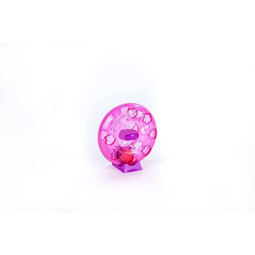 The loopy hoopie is a round donut of pink plastic with purple base at the bottom and a purple hoop on the inside. There is also an orange ball inside the donut that can be spun around as you try to get it in the hoop.