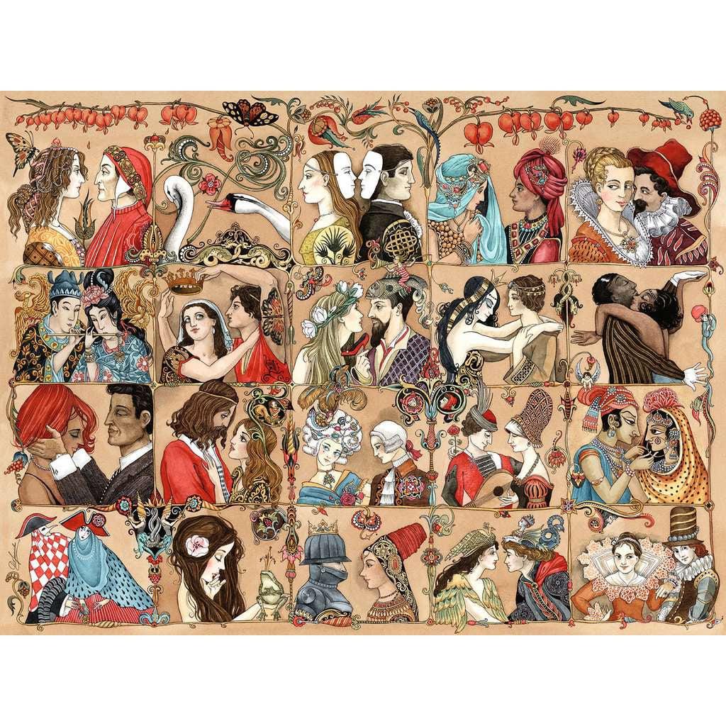 Puzzle of fairytale style drawings of 20 couples from various points in time. Includes periods from ancient Asia to 1960s United States.