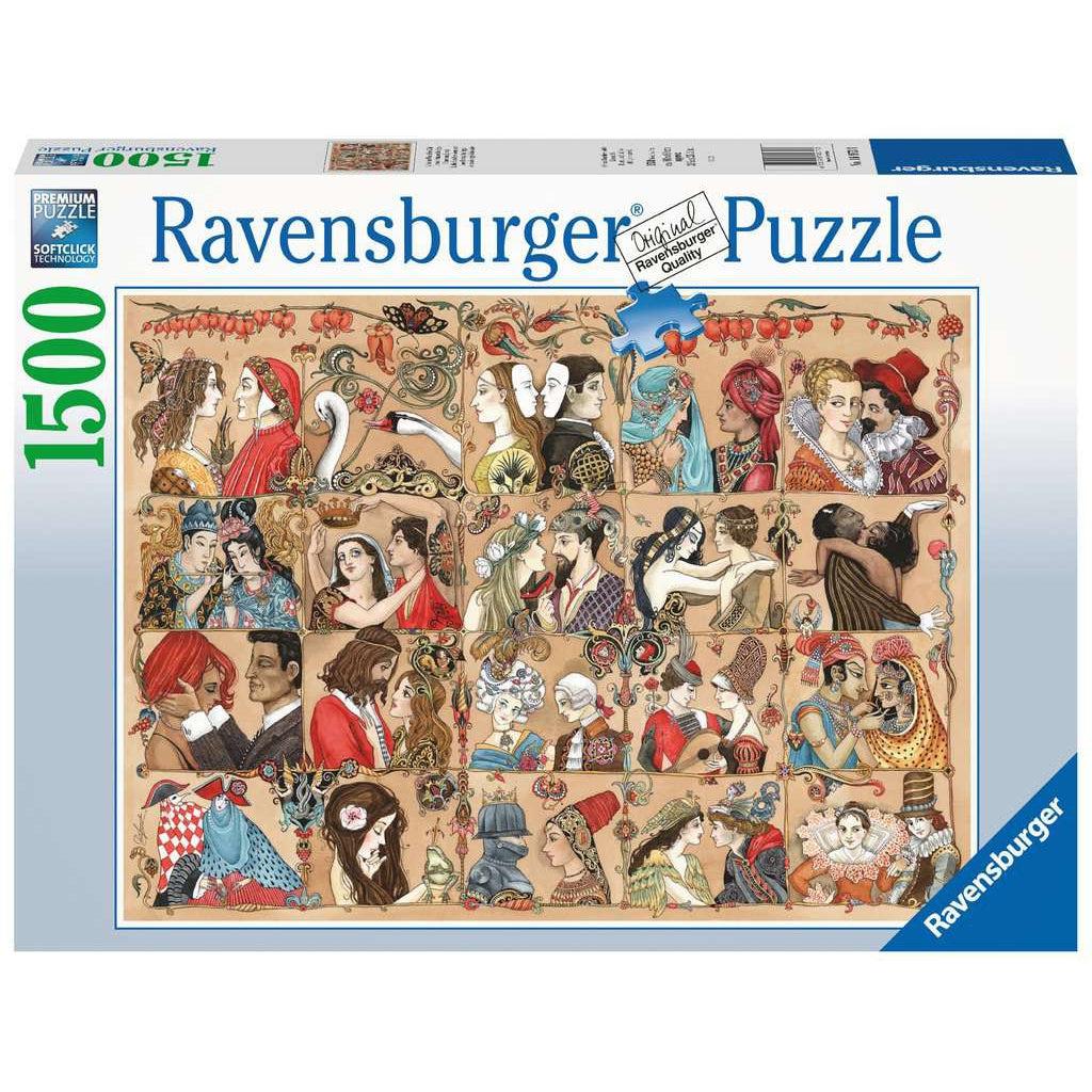 Image is of the front of the puzzle box. It has information such as the brand name, Ravensburger, and the piece count (1500pc). In the center of the box is a picture of the finished puzzle. Puzzle described on next image.
