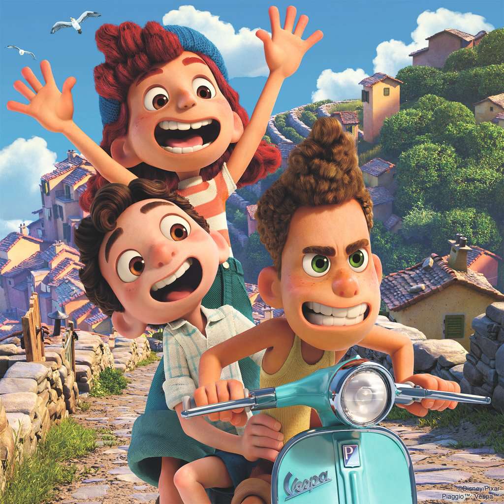 Image of puzzle 2 | Alberto drives a scooter while Luca and Giulia ride on the back smiling.