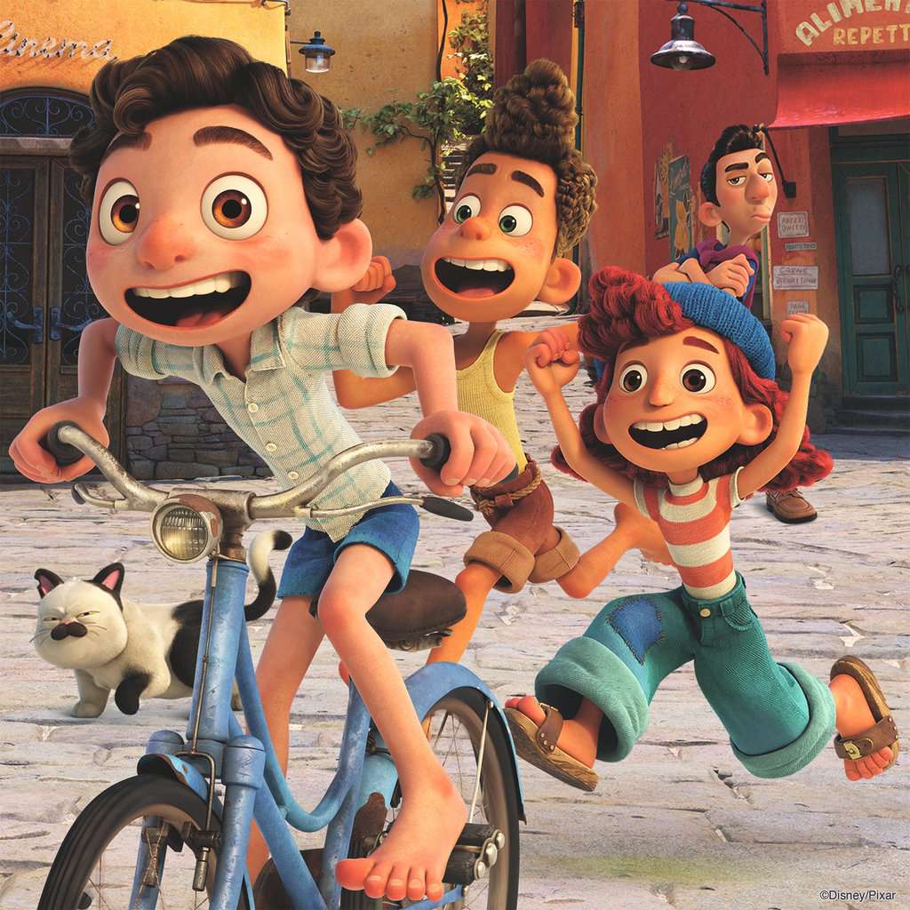 Image of puzzle 3 | Luca rides a bike through a city street while Alberto and Giulia follow on foot behind.