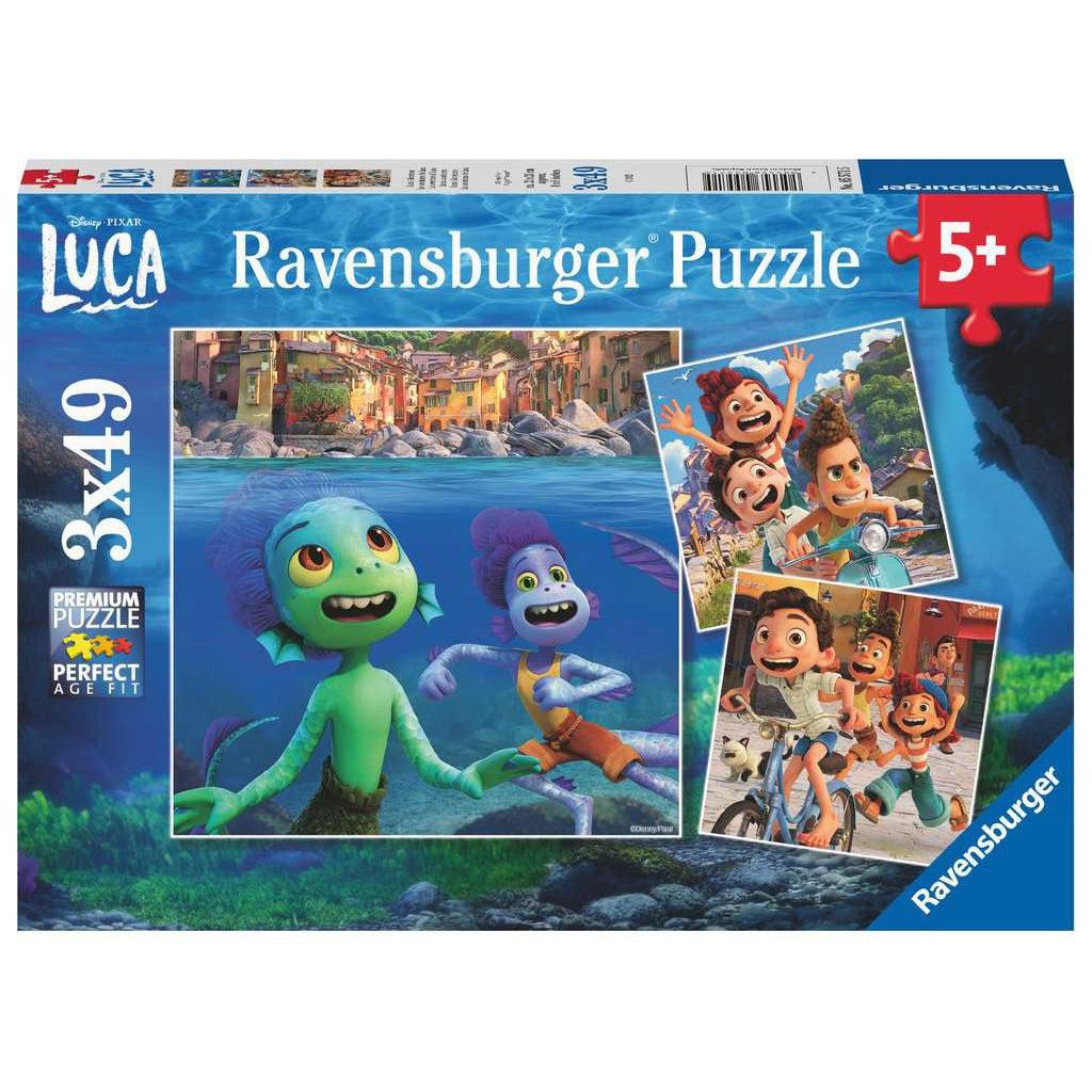 Ravensburger puzzle box with images of scenes from the movie Luca | Contains 3 individual puzzles that are 49 pieces each