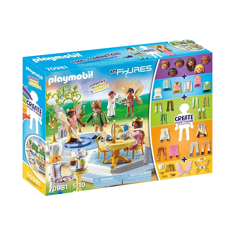 Box cover shows the playset on the left, 6 figures at a dance with baked goods, a table, and a dance floor. On the right there is the "create your figure" playmobil image to indicate all heads, torsos, arms, legs, and accessories from the characters can be mixed and matched
