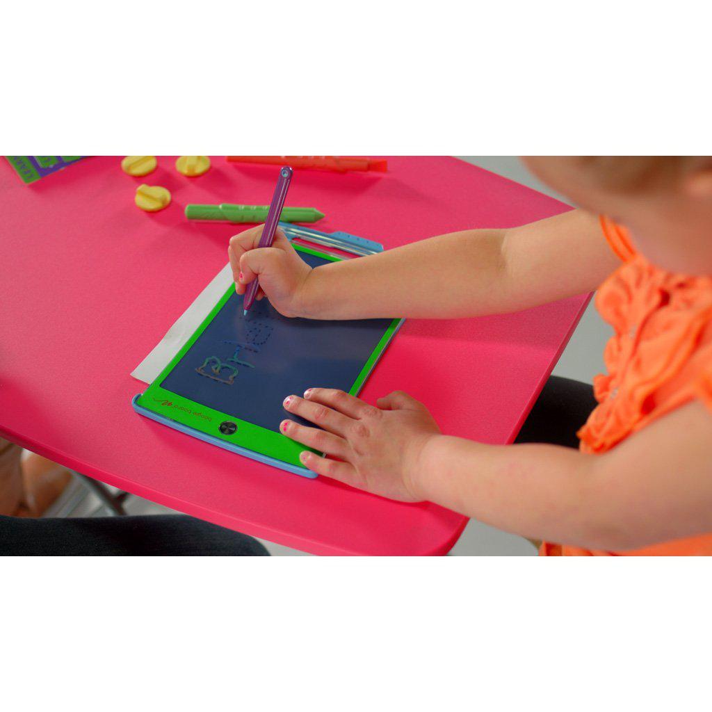 a child is drawing on the board and a rainbow patters is following the pen.
