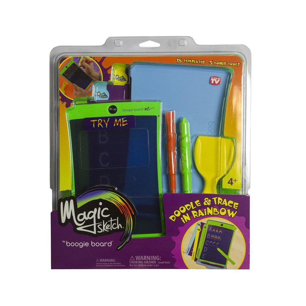 image shows a boogie board magic sketch, with doodle pens and tools to trace and doodle in rainbow colors