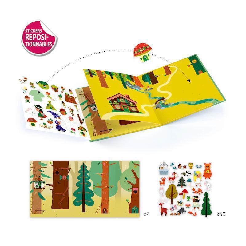 Image of the included parts to the craft set. Shows that the book comes with multiple scenes to put the stickers on. Comes with two scenes and fifty stickers.