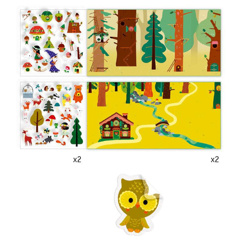The scenes are a forest clearing with a stream and a cottage and a tree house forest with different houses up in the trees. The stickers are themed per scene.