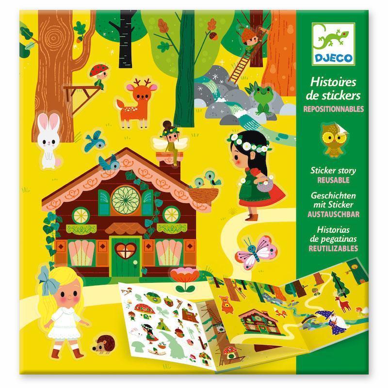 Image of the packaging for the Magical Forest Sticker Stories. On the front is a picture of a possible scene you can create with the included sticker set.
