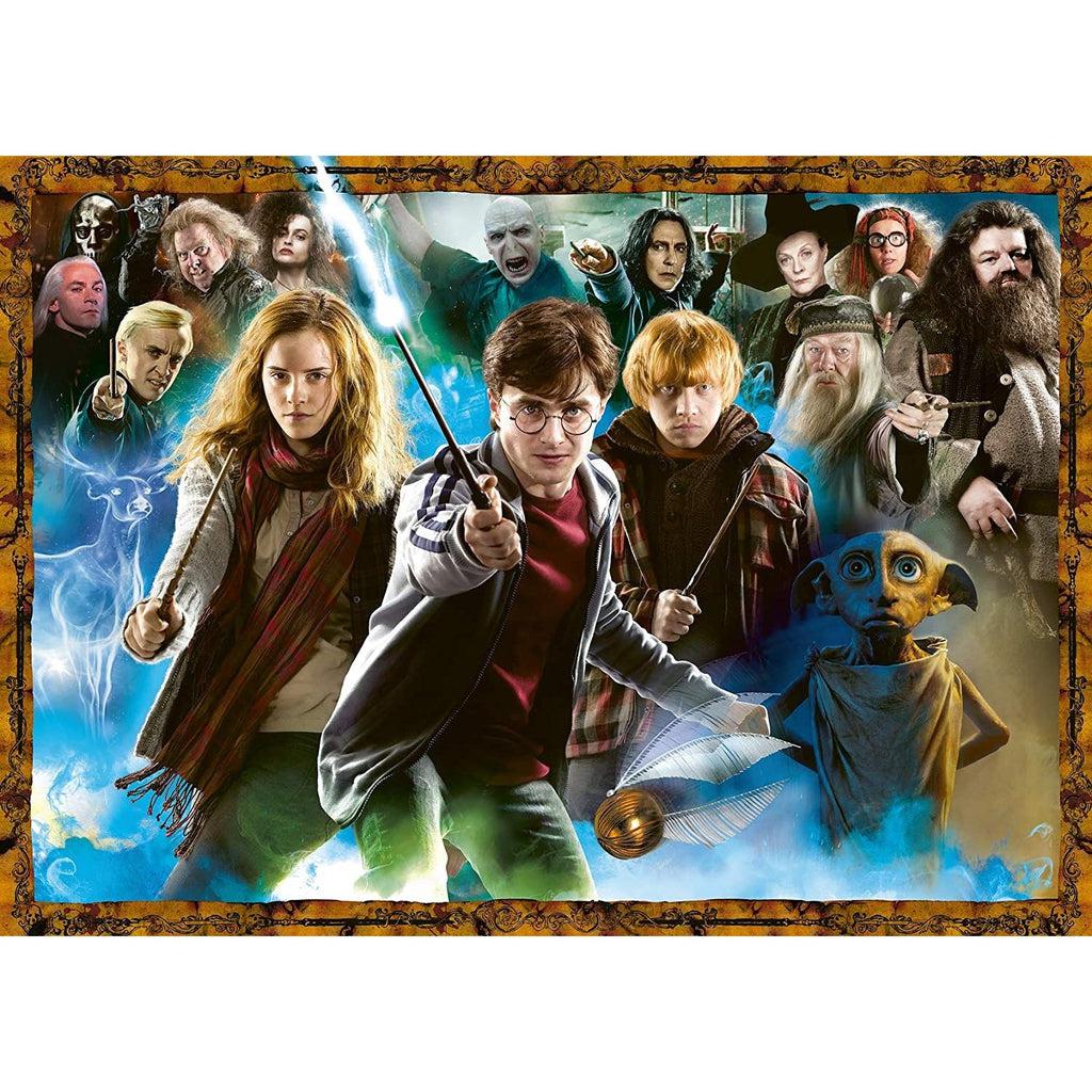 Puzzle image | Harry, Hermione, Ron, and Dobby stand front and center while Harry summons his Patronus with his wand. | Behind them, important characters from the Harry Potter movies are collaged in.