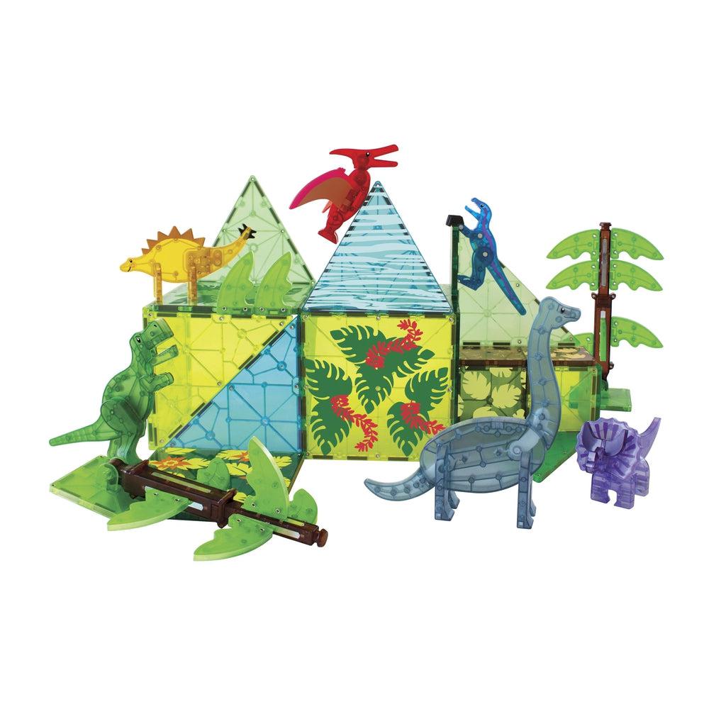 this image shows 6 dinosaurs made out of magna tiles and a forest made of magna tiles to buld an enclose and environment for the dinosaurs. 
