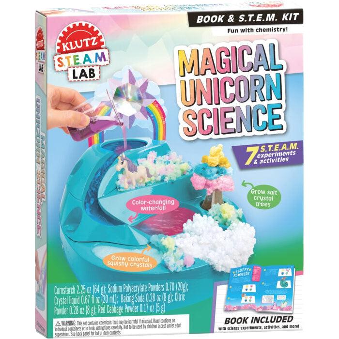 Toy in packaging | Image of fully assembled toy with contents as listed in description. | Blue, plastic, multi-level base with crystals unicorn figurine.