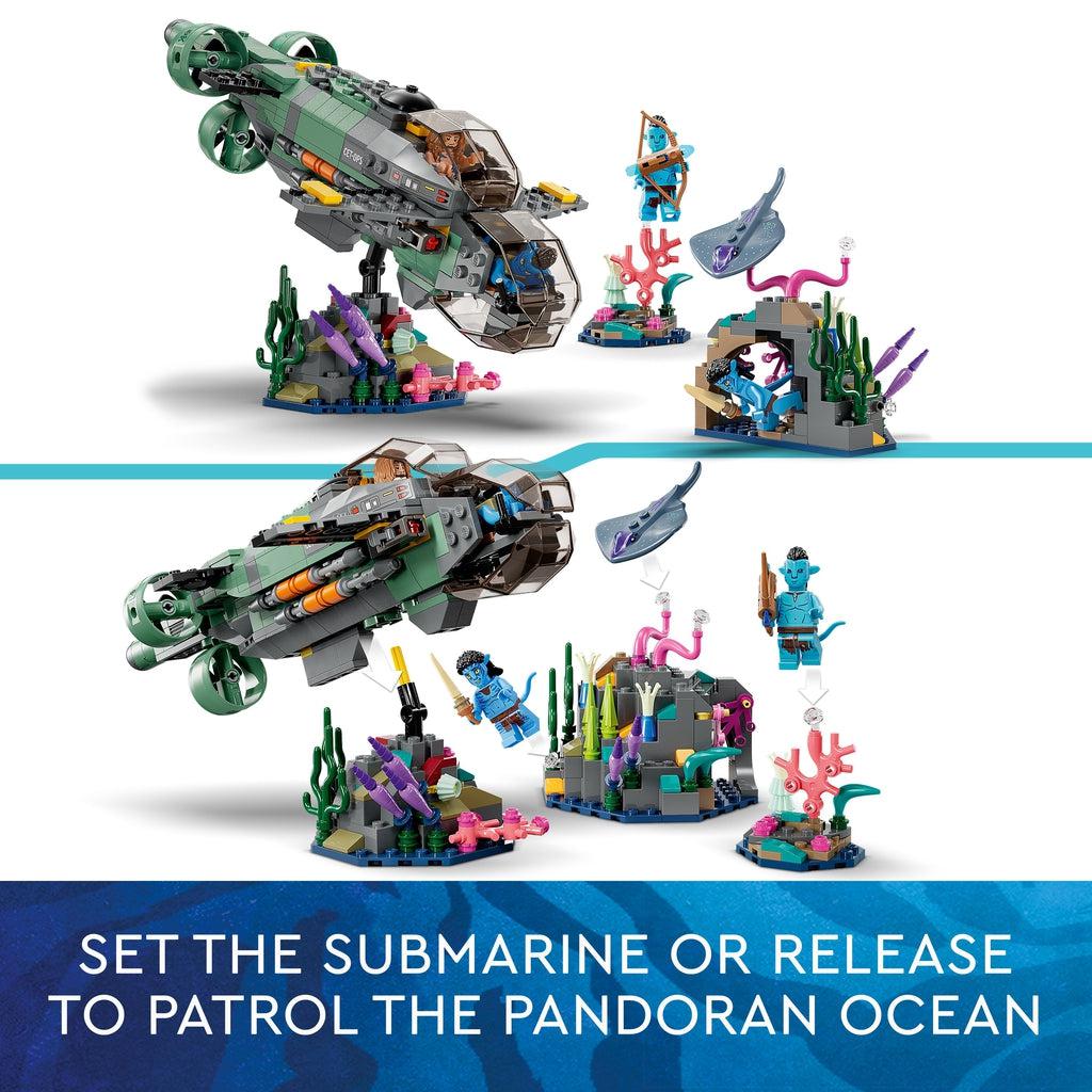 Top image shows the submarine perched on one of the rocks | bottom image shows the submarine moving up and away from the rock | Image reads: Set the submarine or release to patrol the pandoran ocean