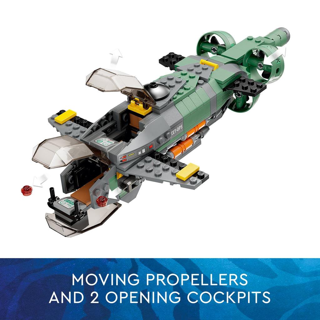 Image shows the submarine with both of the cockpits on the front opened to allow access inside | Image reads: Moving propellers and 2 opening cockpits