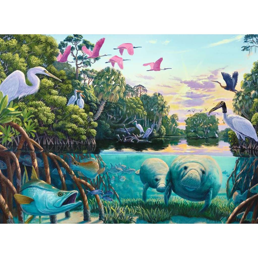 Puzzle is a scene of a beautiful mangrove river. Manatees, different exotic river birds, and fish can all be found in the picture. It is almost sunset.