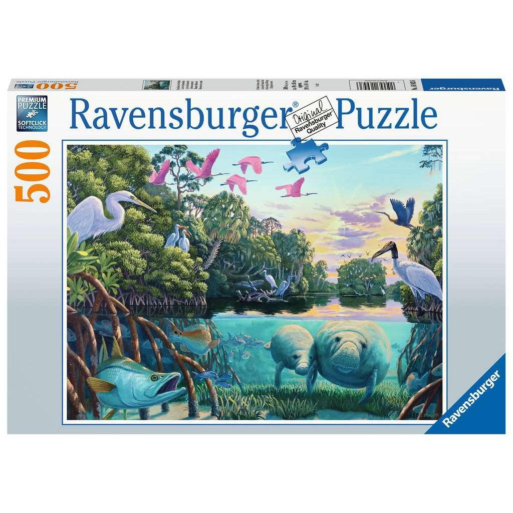 Image is of the front of the puzzle box. It includes information such as the brand name, Ravensburger, and the piece count (500pc). In the center of the box is a picture of the finished puzzle. Puzzle described on next image.