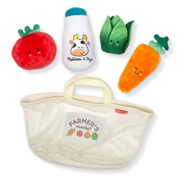 Toy out of package | Mesh cream colored tote with label "FARMER"S market" and vegetable illustrations | Plush tomato with rattle | Plush carrot with squeaker | Plush lettuce with crinkle fabric | Plush milk bottle with cartoon cow head on front and chime inside 
