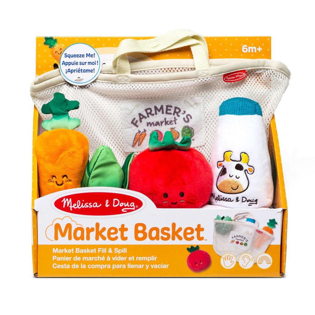 Market Basket Fill&Spill inside package | Mesh grocery tote with handles and plush smiling carrot, lettuce, tomato, and labeled milk bottle