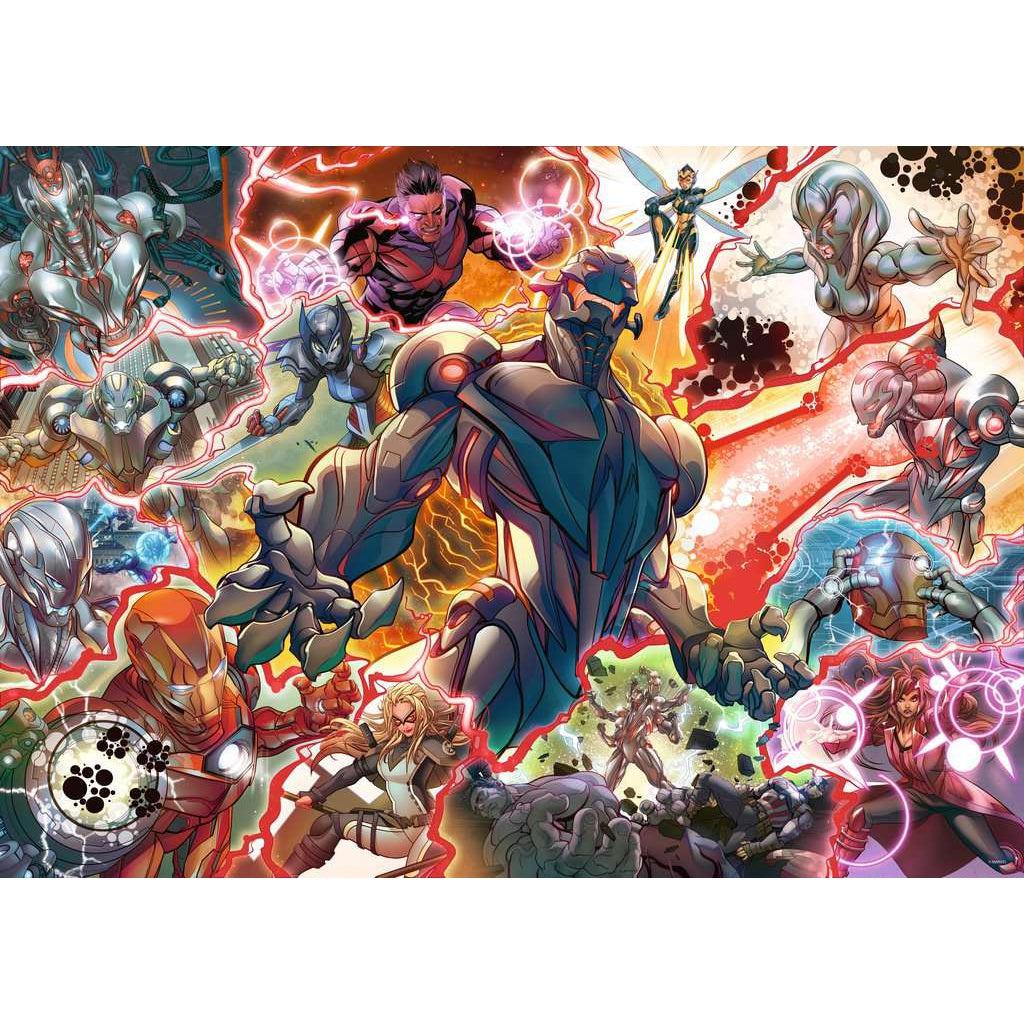 Image of puzzle | Ultron surrounded by a variety of Marvel heroes and villains mid battle