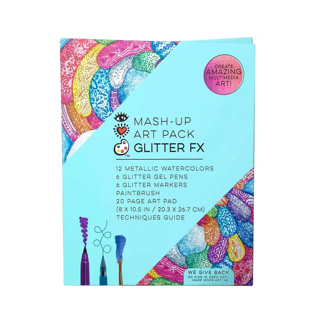 this image shows the mash up art pack with glitter. there are 12 metallic catercolors, 6 glitter gel pens, 6 glitter markers, a paintbrush, a 20 page art pad, and a technique guide