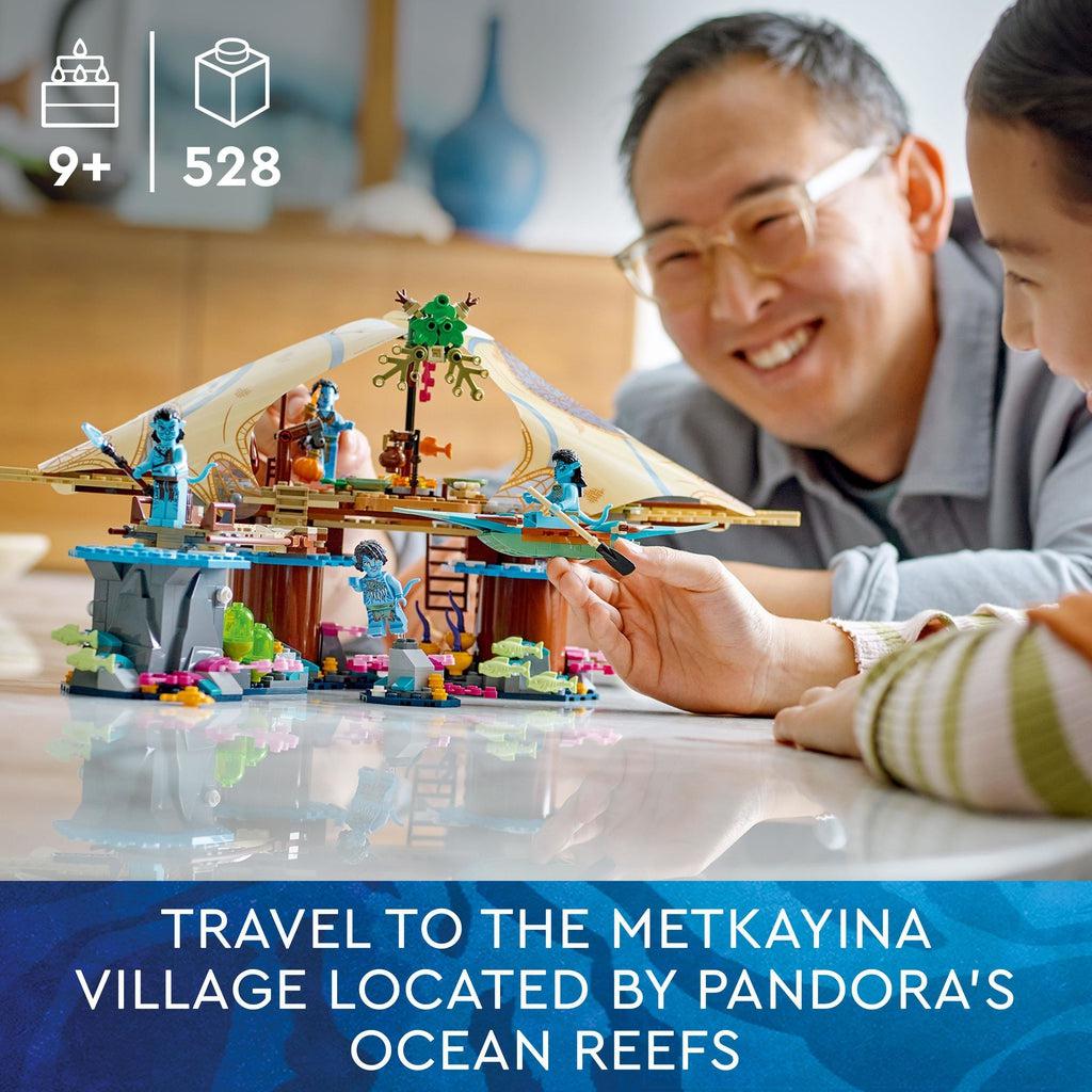 a child and her father are playing with the lego set | Piece count of 528 and age of 9+ in top left | Image reads: Travel to the Metkayina village loacated by pandora's ocean reefs