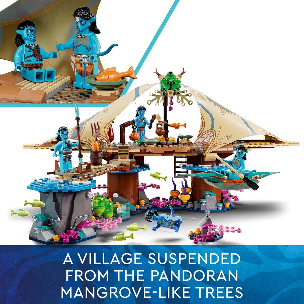 Top image shows two of the navi minifigures | main image shows the full lego set with everything below the platform suspended to give the impression they're underwater | Image reads: A village suspended from the pandoran mangrove-like trees