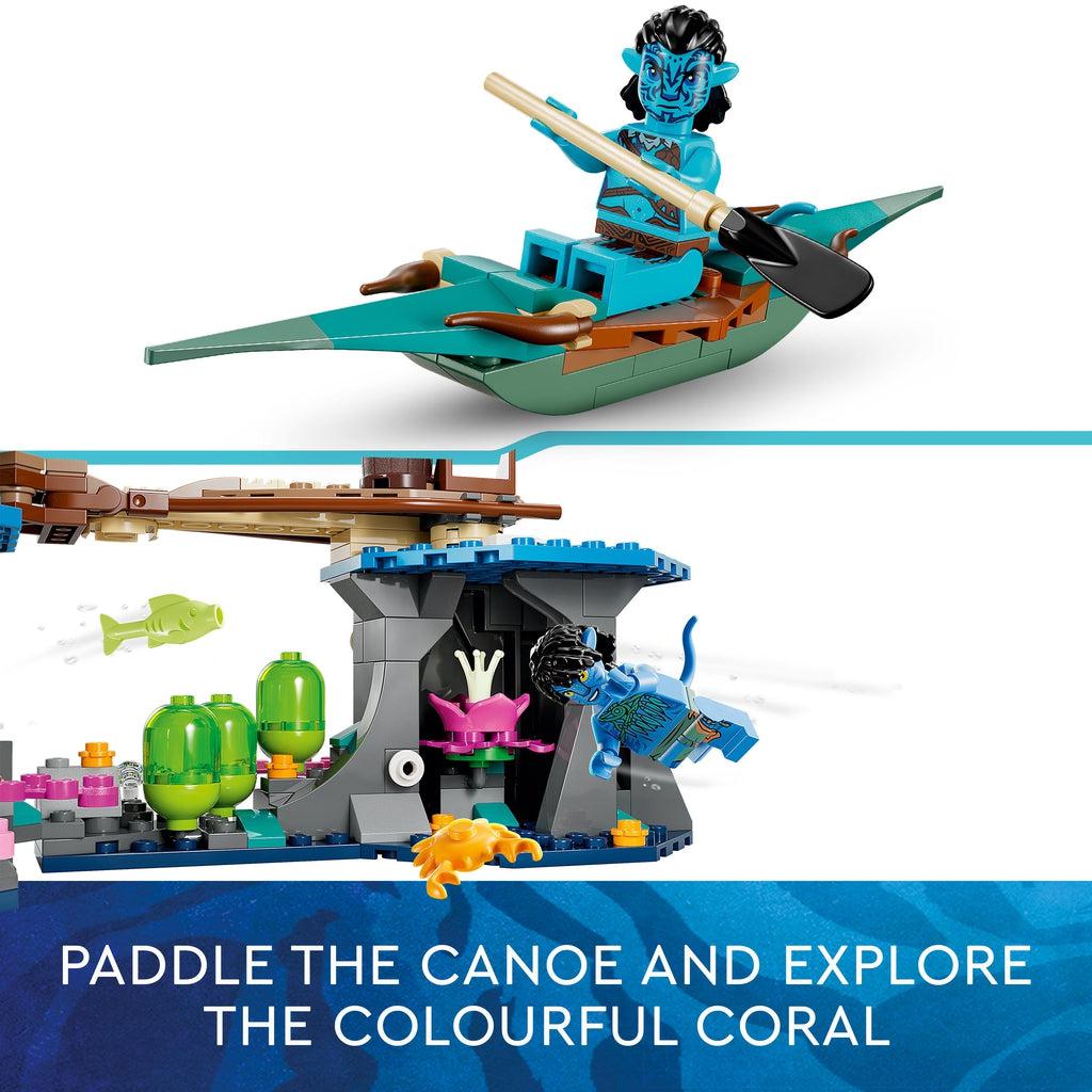 top image shows a navi figure in the lego canoe | bottom image shows a lego figure "swimming" past the platforms | image reads: Paddle the canoe and explore the colorful coral