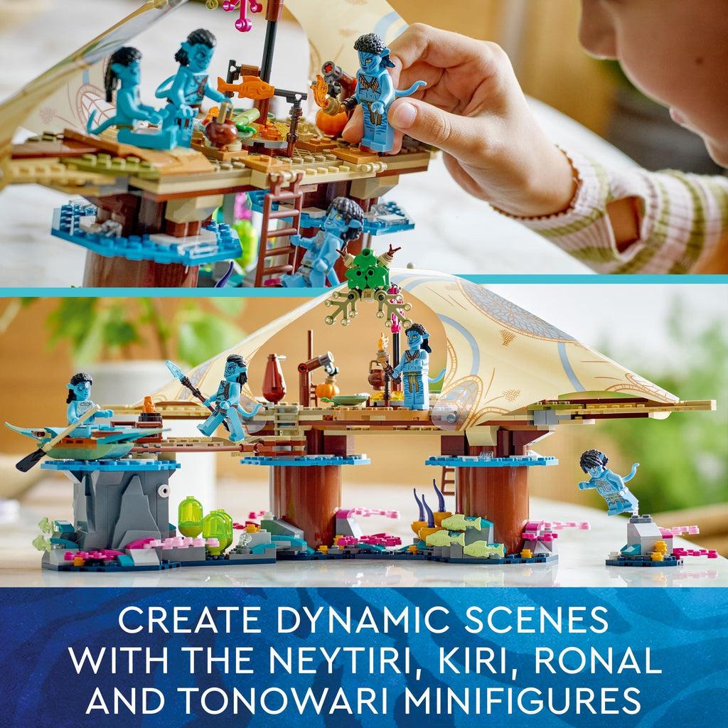 Top image shows a child playing with the lego set | Bottom image shows the lego set displayed on a table | Image reads: Create dynamic scenes with the neytiri, kiri, ronal, and tonowari minifigures