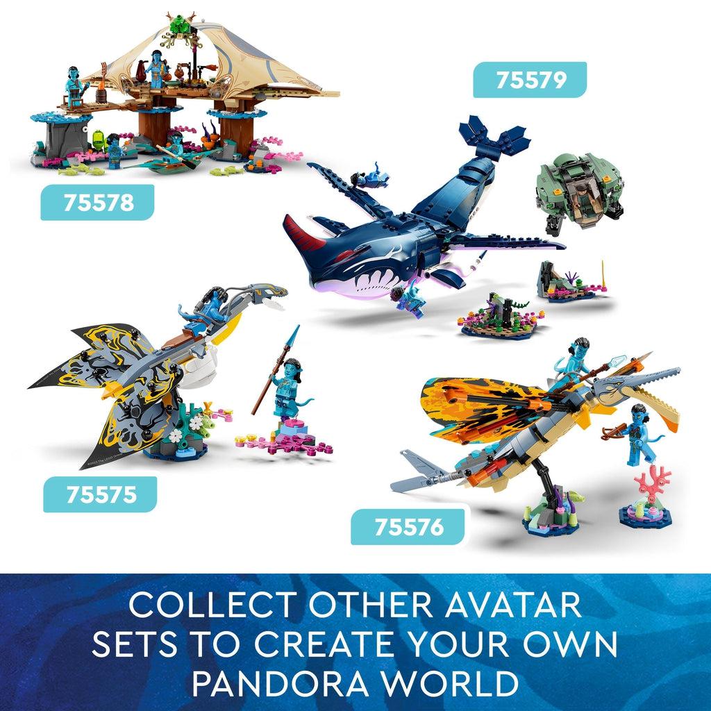 This and 3 other lego sets (75579, 75575, and 75576; each sold separately) from the lego avatar line are shown | Image reads: Collect other avatar sets to create your own pandora world