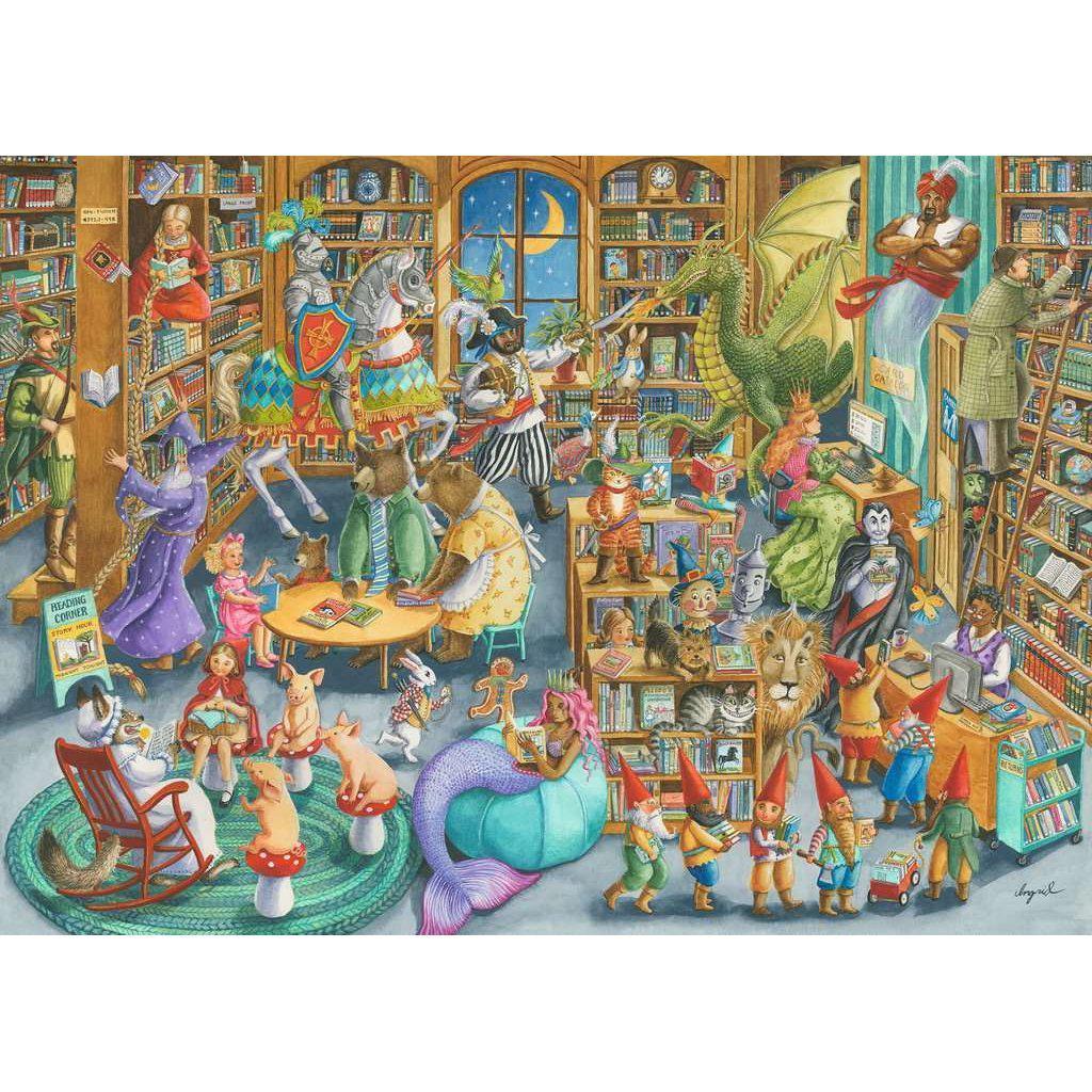 The puzzle shows a variety of fantasy characters exploring a library. There are dragons, knights, genies, bears, and all sorts of creatures