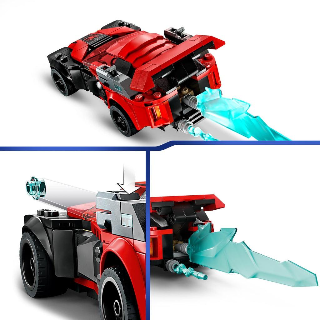 top image: back view of the car showing the exhaust trails | bottom left: shows stud shooter on the side of the car firing a clear stud | bottom right shows the full electric blue lego exhaust trails pieces behind the car