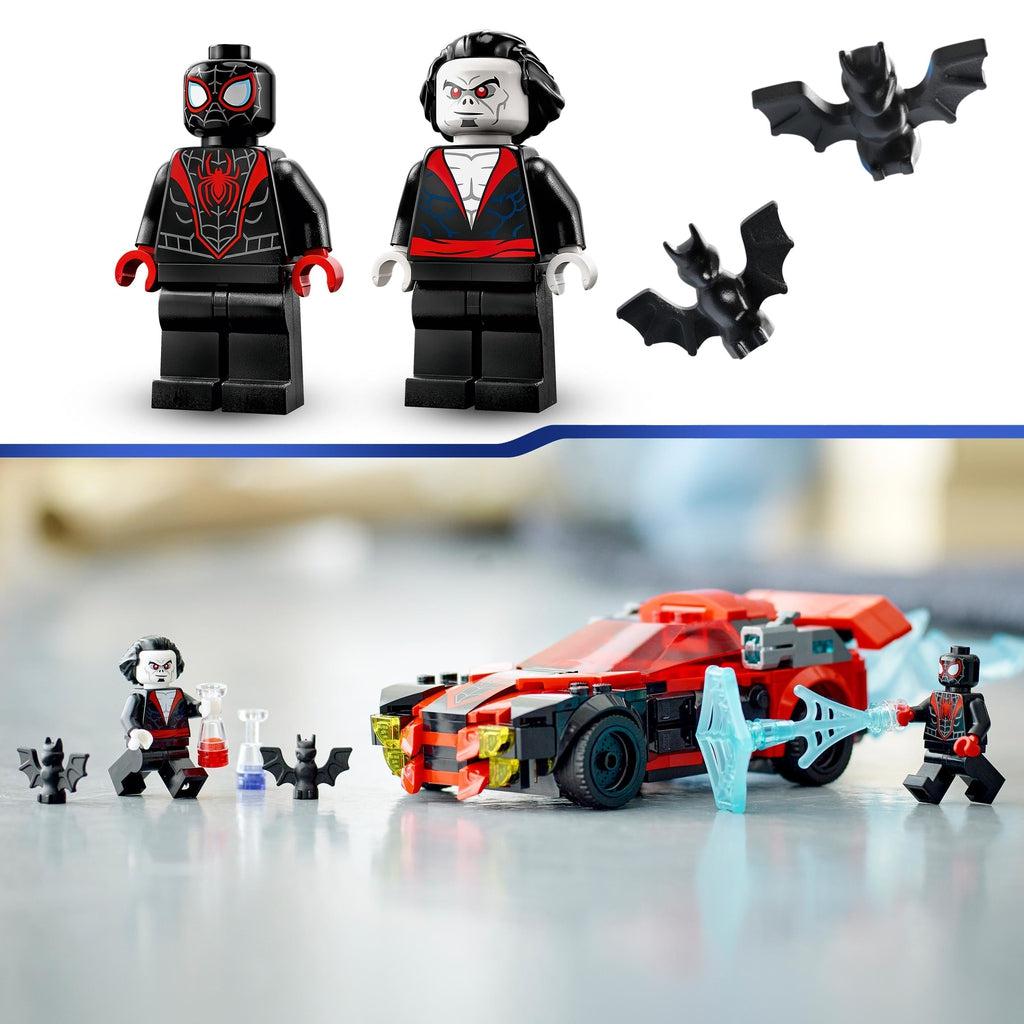 top image shows miles morales spiderman figure, the morbius figure, and the two bats | bottom image: spiderman has a electric blue web lego piece on his hand in front of the car, morbius and the bats are to the left of the car