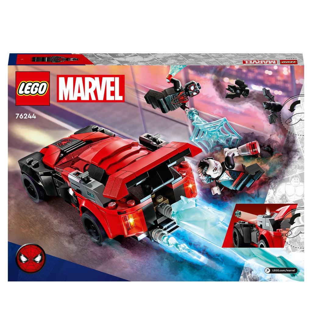 the back of the box shows the car speeding away while spiderman and morbius fight in the air above it
