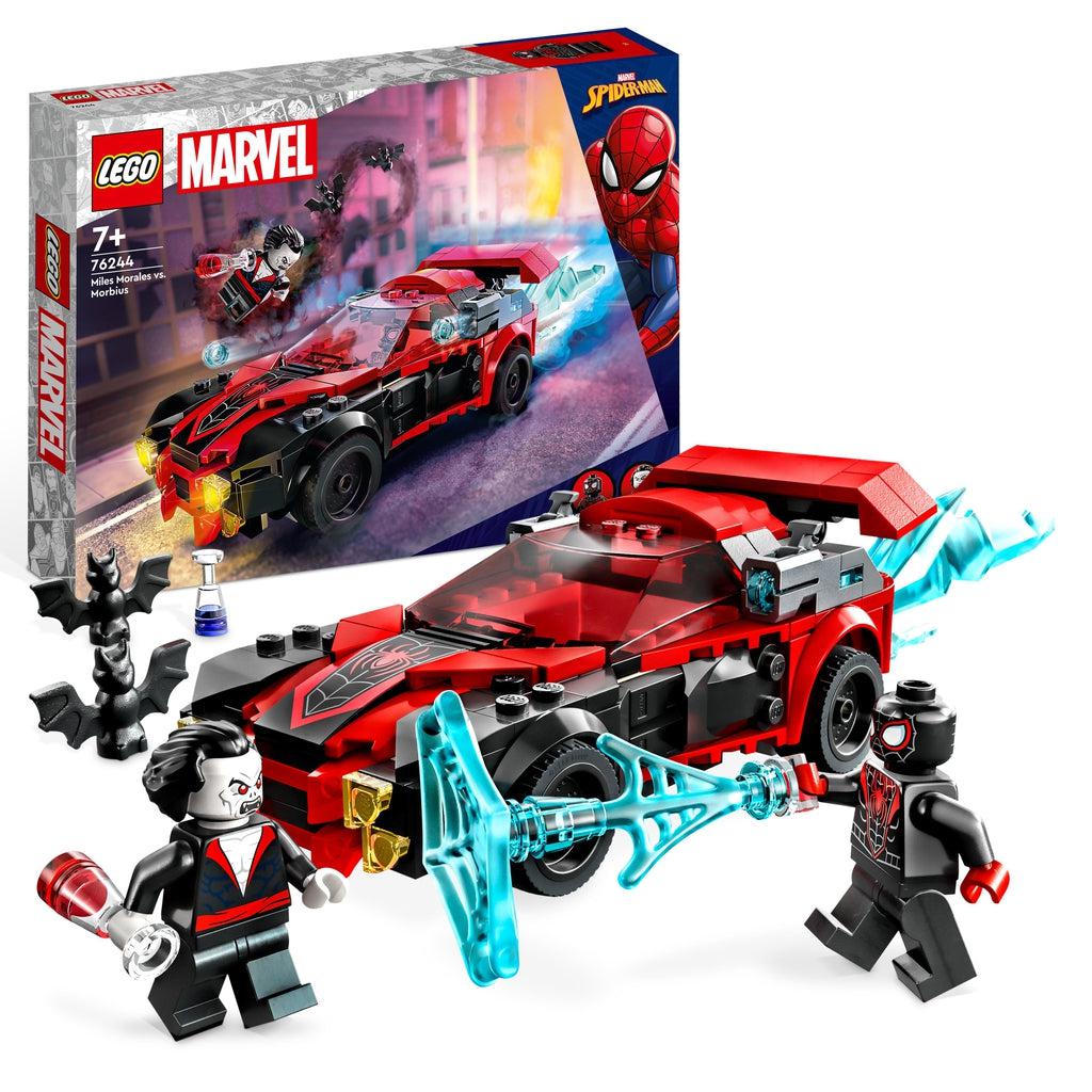 The lego set is shown in front of its box | There are 2 minifigures, one miles morales and one morbius, there's also a spiderman car and 2 bat figures