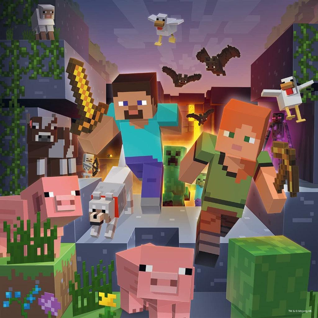 Puzzle 1 Image | Night is approaching and Steve and Alex run toward viewer as mobs follow behind them. Pigs, bats, cows, chickens, sheep, and a dog surround the duo. | Surrounding them are stone and grass blocks with grass, flowers, and vines.
