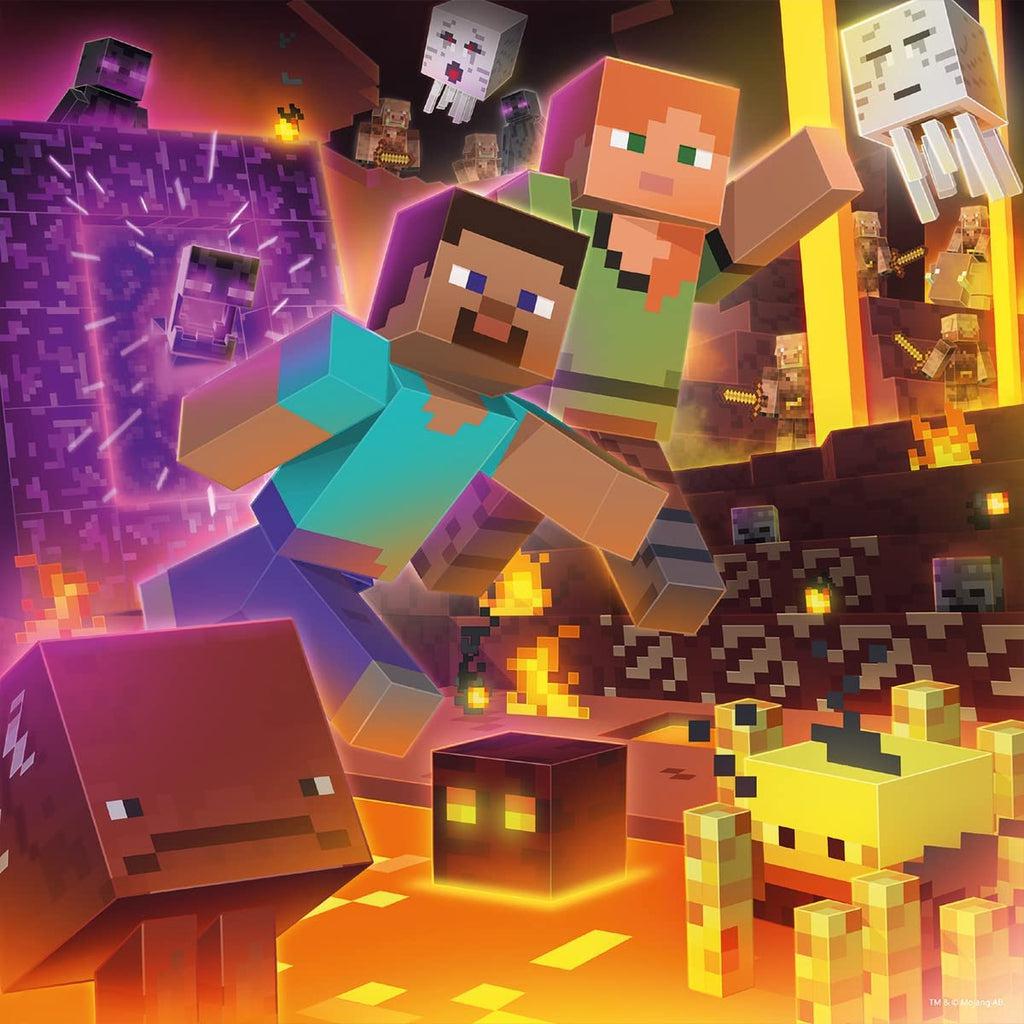 Steve and Alex run through the Nether realm surrounded by lava and a nether poral. | Mobs such as ghasts, magma cubes, blazes, endermen, pigmen, and a strider.