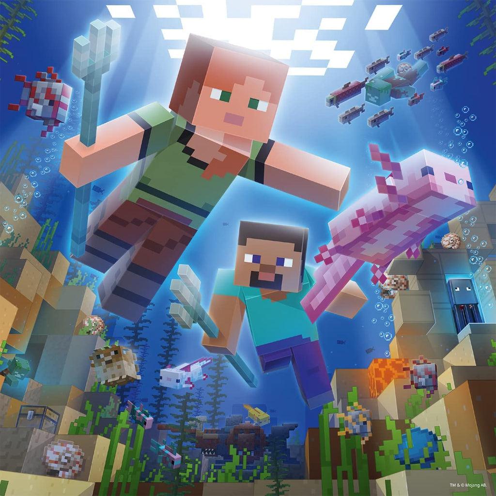 Puzzle 3 Image | Steve and Alex swim underwater holding tridents with sunlight streaming in. | Tropical fish, axolotls, salmon, squid, and drowned surround them. Items such as a treasure chest, and shells rest on the ocean floor.