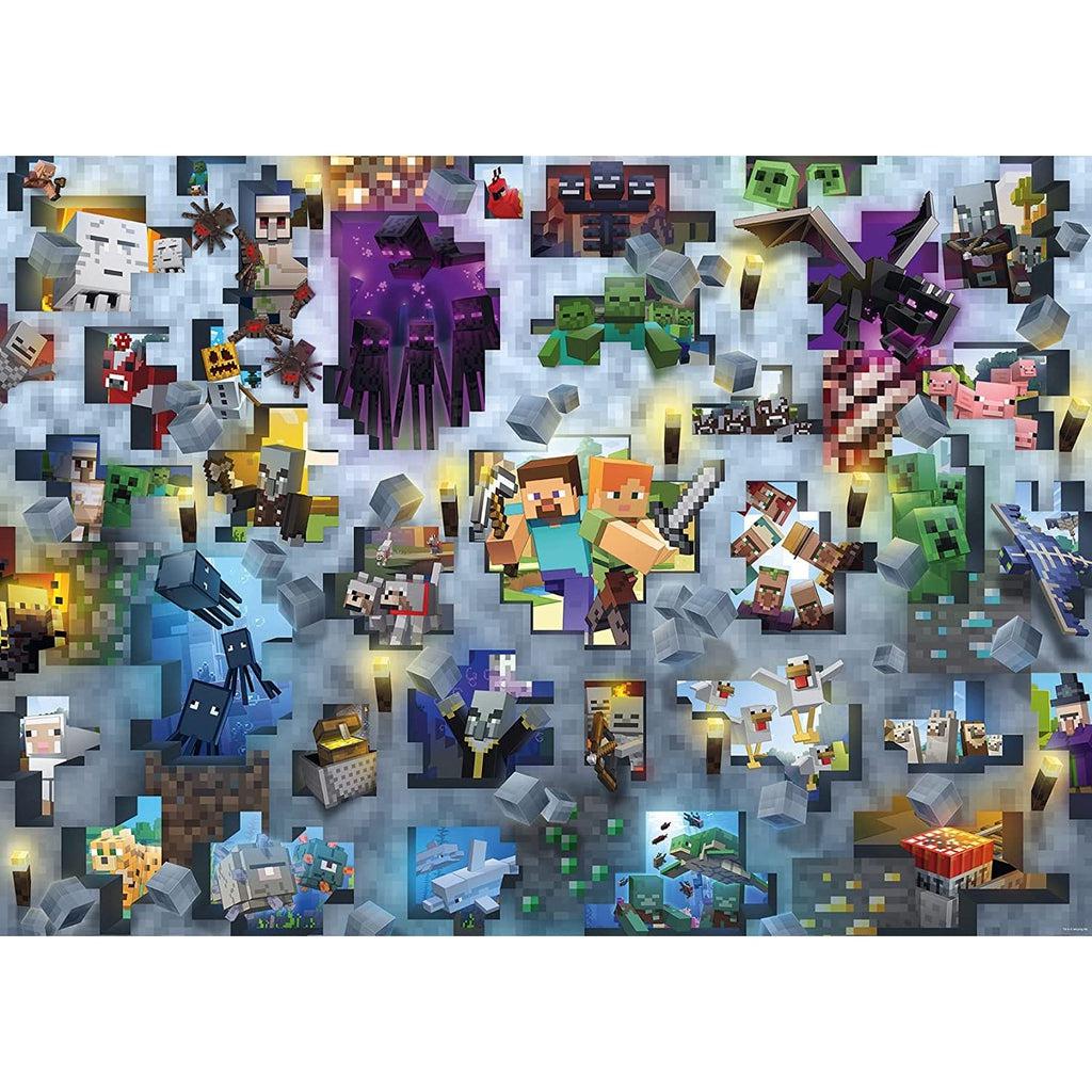 Puzzle image | Puzzle appears to be a wall made of Minecraft stone | Wall has openings where Alex and Steve and Minecraft mobs are showing through | Some visible mobs include: Endermen, Creepers, Wolves, Chickens, Squids, Pigs, Wither Skeleton, Llamas, Witches, and more!