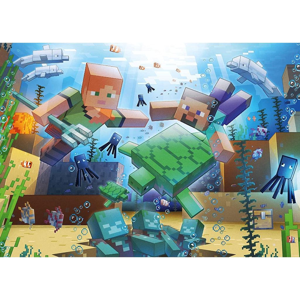 Puzzle image | Steve and Alex swim underwater over a ravine full of Drowned | Squids, tropical fish, dolphins, and sea turtles swim around in the water with them | Sunlight streams in from the water's surface.