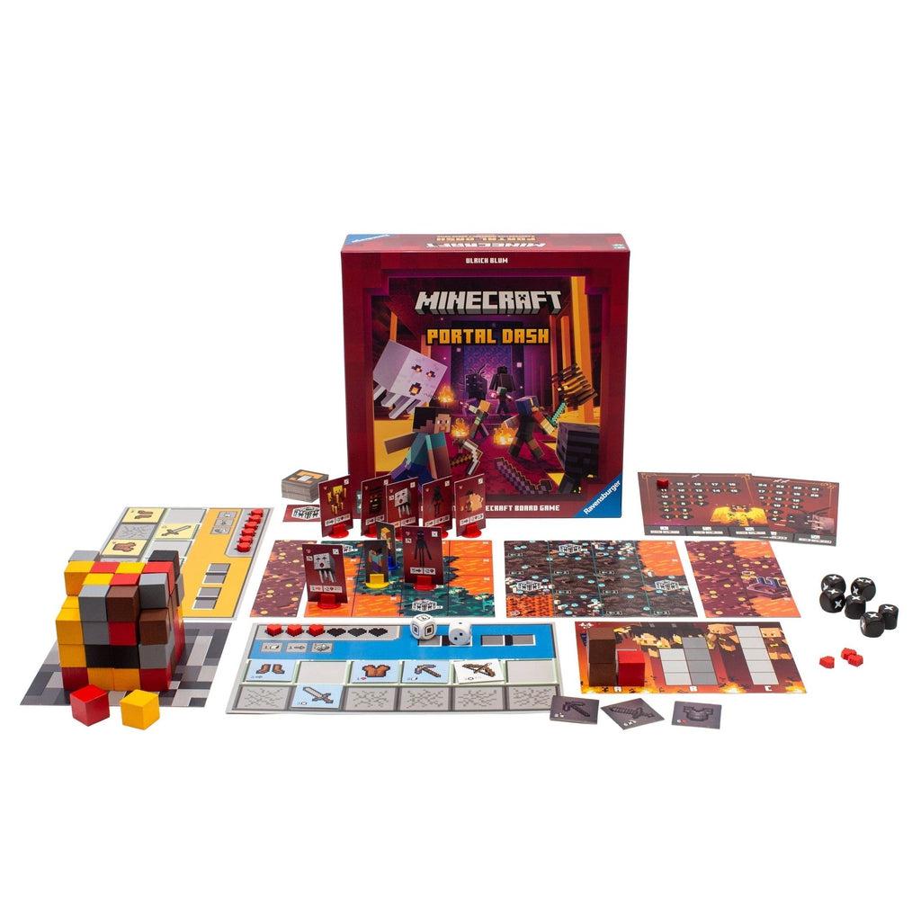 Shows all of the game pieces included in the game. Includes various boards with different graphics, dice, multi-colored cubes,  and playing pieces.