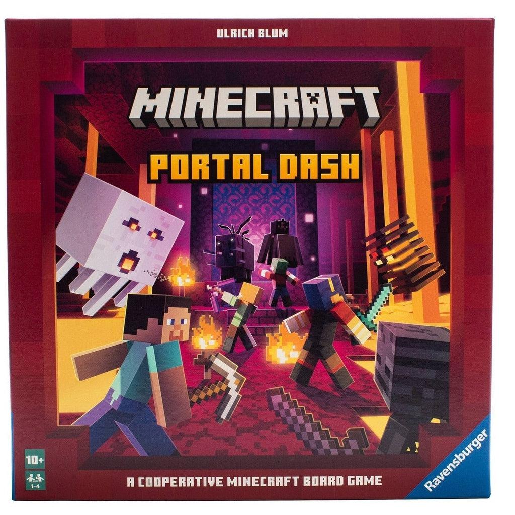 Image is of the front of the game box. The title is "Minecraft: Portal Dash a Cooperative Minecraft Board Game". It shows a picture of Steve and friends battling against the various enemies of the Nether.