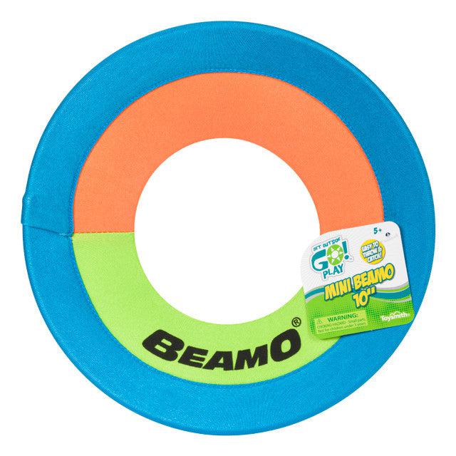 The mini beamo is a 10 inch ring of foam covered in blue fabric, inside the blue ring is another ring of stretchy fabric split in half, with orange on the top half and green on the bottom half. The word Beamo is printed on the green portion