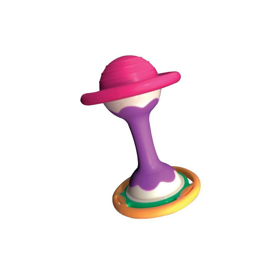 Image of the Mini Dumbbell teething toy. It has a white and purple handle and one pink and one orange side of the dumbbell. Each side has a rubber air filled pocket.